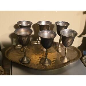 Indian Brass Cordial Set, 6 Mini Goblets and Tray